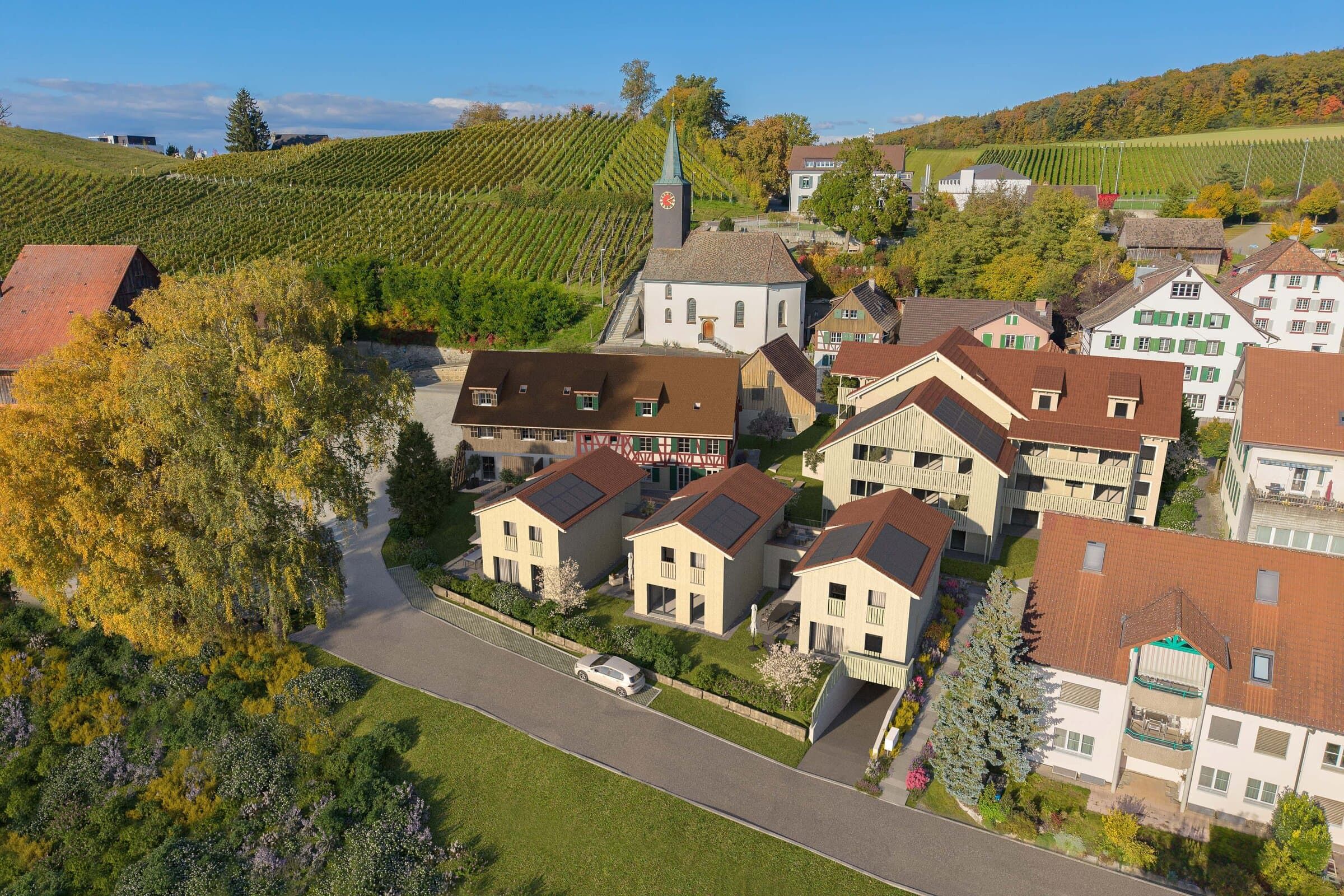 Neubauprojekt Naturblick Dörflingen: Vogelperspektive des Projektes mit Sicht auf das Dorf und die umliegenden Rebberge
