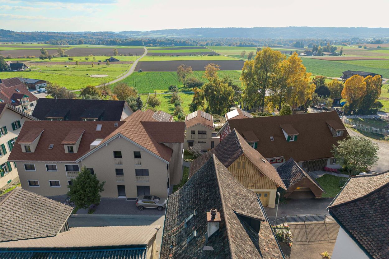 Neubauprojekt Naturblick Dörflingen: Vogelperspektive des Projektes mit Aussicht ins Grüne