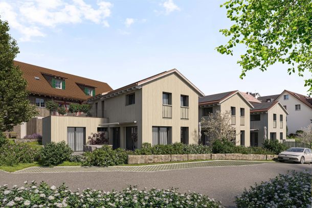 Neubauprojekt Naturblick Dörflingen: Ansicht an die Einfamilienhäuser. Links im Hintergrund die Reihenhäuser