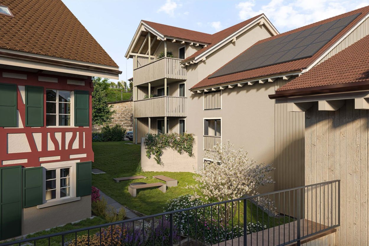 Neubauprojekt Naturblick Dörflingen: Aussenperspektive Sicht von Balkon Einfamilienhaus Richtung Mehrfamlienhaus