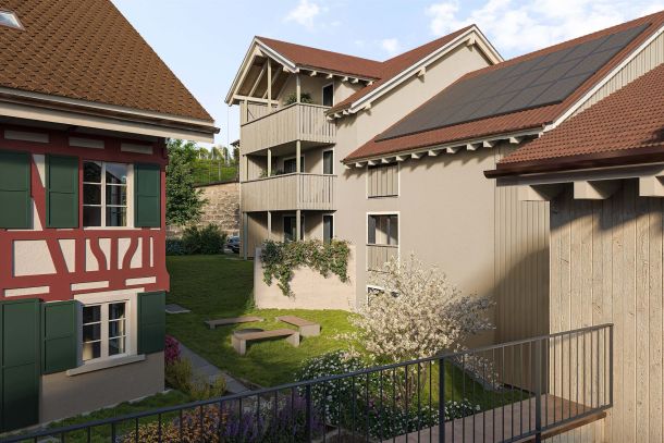 Neubauprojekt Naturblick Dörflingen: Perspektive aus Sicht der Terrasse vom EFH zum Reihenhaus und MFH